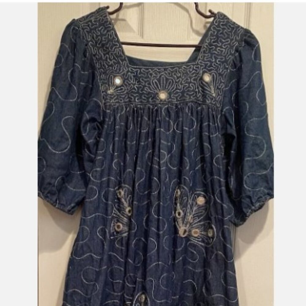 Vtg Ramona Rull Blue Denim Mirrored MuuMuu Caftan Dress Womens AV Embroidered